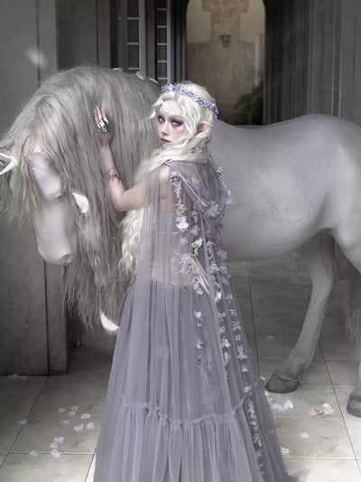 Moonlit Beast Spirit — Handmade Floral Fairy Sheer Tulle Hooded Cape