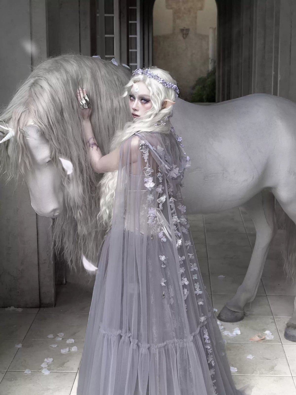 Moonlit Beast Spirit — Handmade Floral Fairy Sheer Tulle Hooded Cape