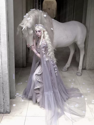 Moonlit Beast Spirit — Handmade Floral Fairy Sheer Tulle Hooded Cape